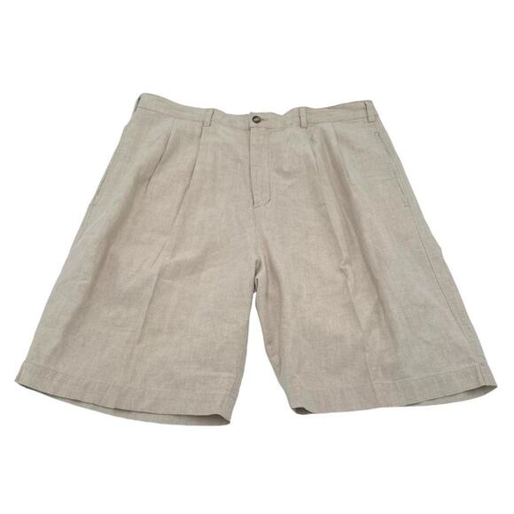 Tribeca New York Pleated Linen Cotton Blend Khaki Shorts XL 36" Waist - Picture 1 of 9